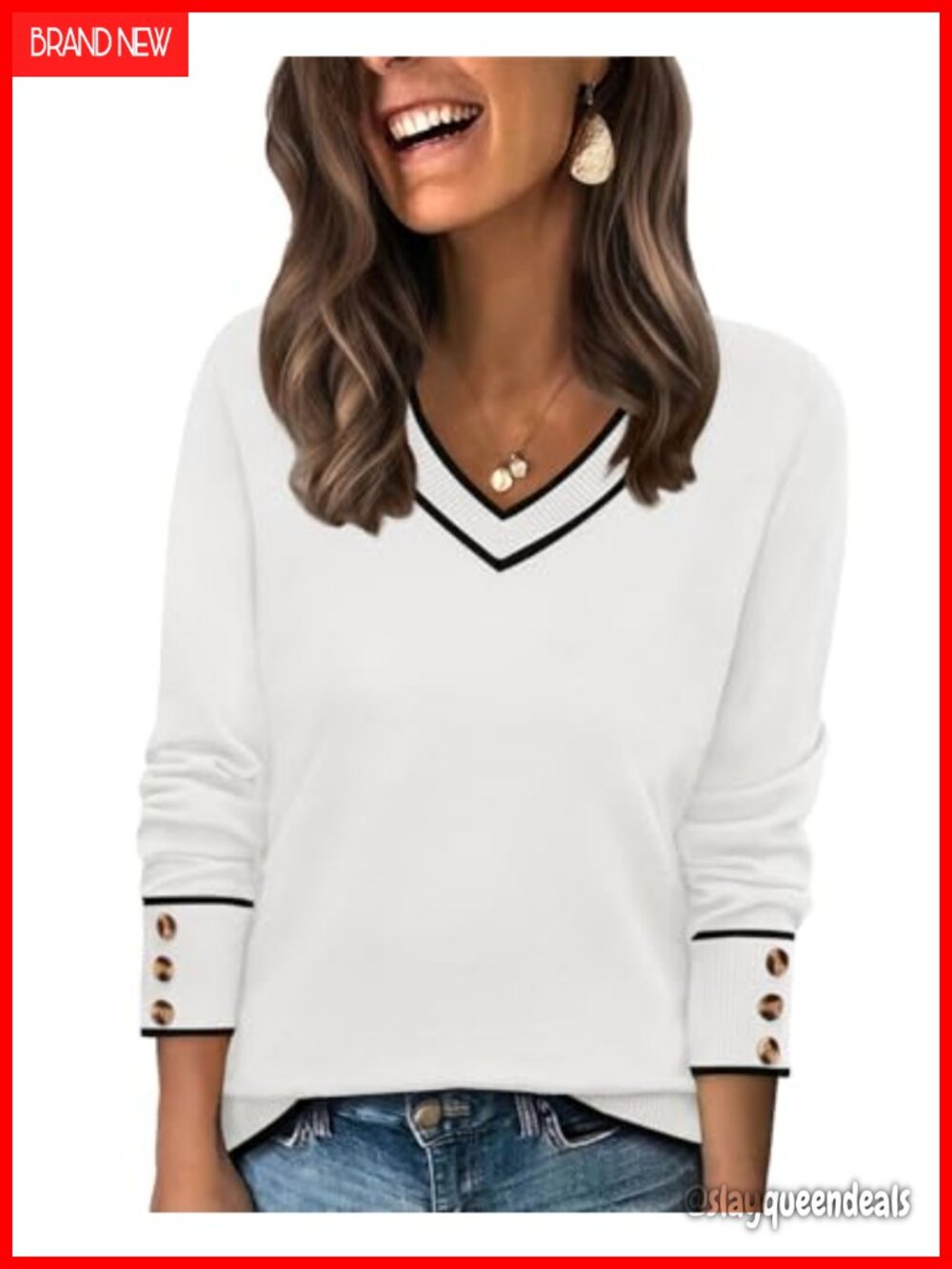 WIHOLL Women's V-Neck Button Cuff Knit Sweater Pullover